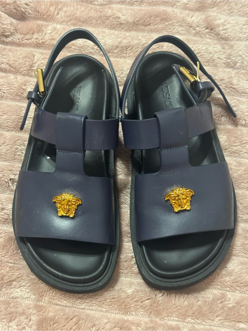 Versace Navy Leather Medusa Buckle Sandals with Gold Emblems